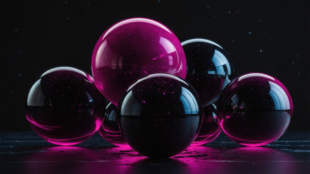 Cluster of glossy spheres emitting magenta light on a dark background, creating a magical and futuristic ambianceの素材