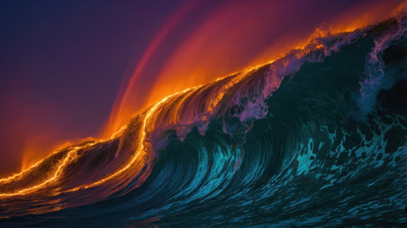 Bioluminescent algae lighting up a breaking wave at sunset with a double rainbow in the backgroundの素材