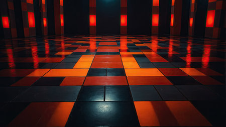 A striking interior features a geometric pattern of red and black tiles reflecting bold wall lights. The space creates an atmosphere full of energy and modern design.の素材