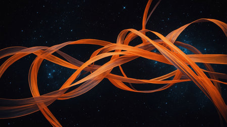 Intertwined neon orange ribbons gracefully flowing through the dark expanse of space, adorned with countless starsの素材