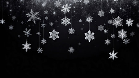 Silver snowflakes drift downwards, suspended against a deep black background, enhancing the chilly winter ambiance and evoking a sense of calm and wonder during the holiday season.の素材