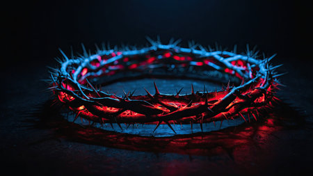 A crown of thorns rests in a dimly lit space, enhanced by red lighting that highlights its sharp spikes. This artwork symbolizes sacrifice and suffering, evoking a powerful emotional response.の素材