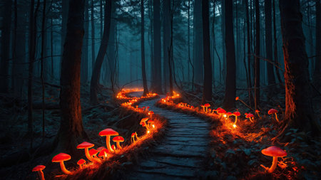 A winding path through a dark forest is lined with glowing red mushrooms, illuminating the way as twilight descends, creating a mystical atmosphere in the woods.の素材