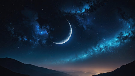 A stunning view of a crescent moon hangs in the night sky over a serene mountain landscape. Bright stars and colorful cosmic clouds create a magical atmosphere.の素材