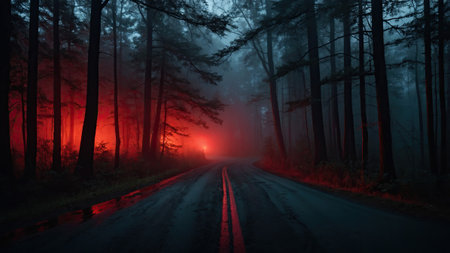 A winding road cuts through a dense forest, enveloped in thick fog. Eerie red lights can be seen glowing in the distance, creating an unsettling atmosphere during the night.の素材