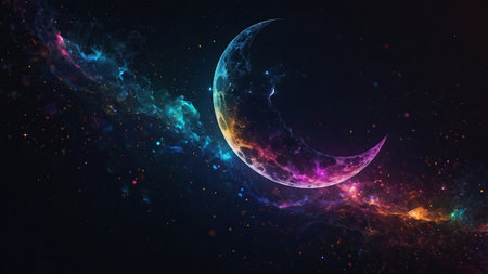 A graceful crescent moon glows against a backdrop of swirling galaxies, filled with vibrant colors and sparkling stars, creating a mesmerizing cosmic view at night.の素材