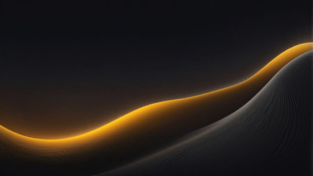 Golden light gently outlines the smooth curves of sand dunes during dusk in a serene desert. The dark sky contrasts beautifully with the glowing sand, creating a peaceful atmosphere.の素材