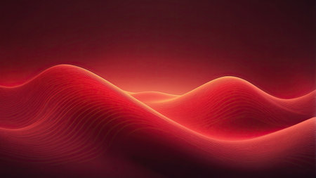 Vibrant red waves undulate across a smooth surface, creating an immersive abstract visual. The glow adds depth and intrigue to the digital landscape, evoking a sense of movement and energy.の素材