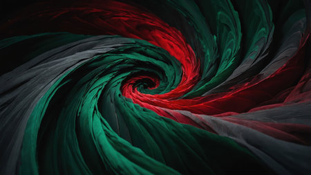 Fluid spiral of emerald green and ruby red merging in a mesmerizing abstract composition, perfect for backgrounds and creative projectsの素材