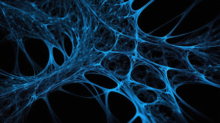 Complex electric blue fractal web forming an intricate network against a dark backdrop, evoking themes of connectivity and complexityの素材