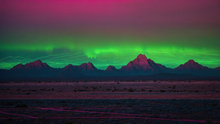 Breathtaking view of vibrant green aurora borealis painting the sky above a majestic mountain range at sunset, creating a surreal and otherworldly landscapeの素材