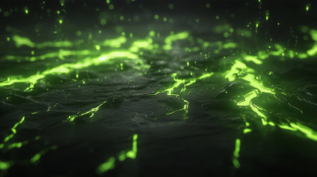 Luminous green liquid flowing through a dark stone surface, creating bright cracks and a captivating visual effectの素材