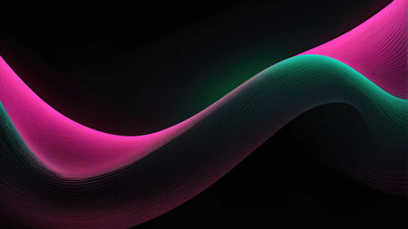 Bright neon waves of pink and green flow smoothly against a dark background, creating a captivating visual experience full of movement and energy.の素材