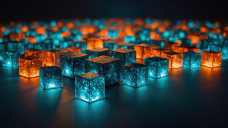 Abstract glowing teal and orange cubes forming a big data networkの素材