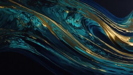 Abstract fluid art background with swirling turquoise and gold colors creating a luxurious and elegant designの素材
