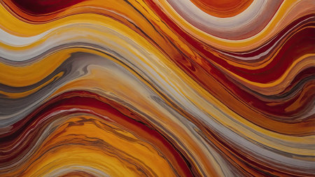 This artwork features dynamic wave-like patterns in shades of orange, red, and yellow, showcasing a blend of colors that evoke warmth and energy, inviting viewers to explore its fluidity.の素材