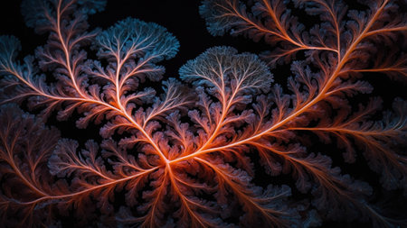 Intricate fractal design resembling coral branches with glowing orange center and blue tips on a dark backdropの素材