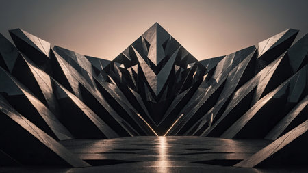 Sharp, angular forms rise from a smooth surface, illuminated by warm sunset light. The design showcases modern architecture in a unique urban environment, creating a striking visual impact.の素材