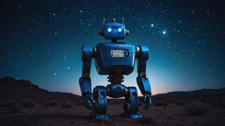 A blue robotic figure poses in a vast desert landscape as stars twinkle above. The setting sun casts a soft glow, creating a contrasting atmosphere.の素材