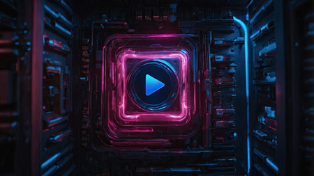 A vibrant play button glows in the center of a dark, technological setting illuminated by pink and blue neon lights. The intricate circuitry enhances the modern aesthetic.の素材