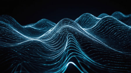 The image showcases a captivating abstract representation of digital waves illuminated by soft blue light. The layered, flowing lines create a dynamic visual effect against the dark background.の素材