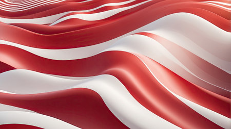 Curved lines in shades of red and white undulate across the surface, creating a sense of flowing movement and dynamic texture. The design evokes energy and fluidity.の素材