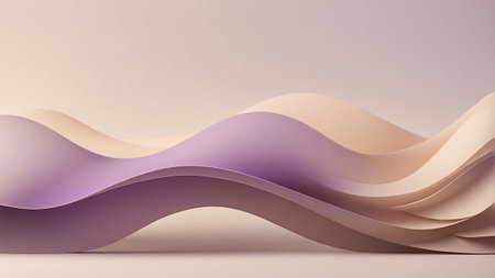 Curved sheets of paper in shades of beige and purple flow elegantly across a light background. The soft textures and colors inspire creativity and artistic expression.の素材