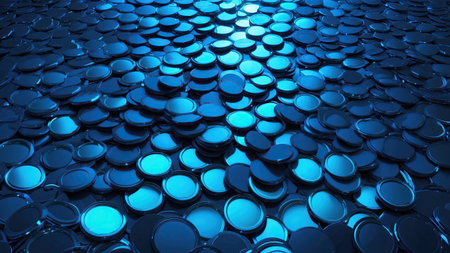 A vast array of shiny blue disks is spread across a surface, reflecting varying shades of light. The arrangement creates an abstract, visually striking pattern that captivates with depth.の素材