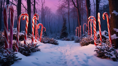 A whimsical pathway through a snowy forest is illuminated by glowing candy canes. The surroundings create a fairytale-like atmosphere at dusk.の素材