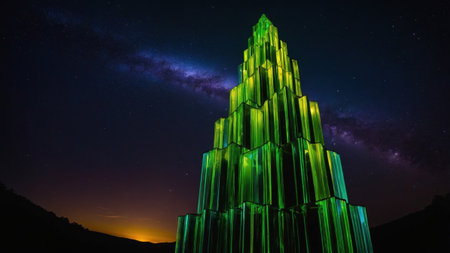 Green glass prisms tower glowing under the Milky Way during sunset, creating a magical atmosphereの素材