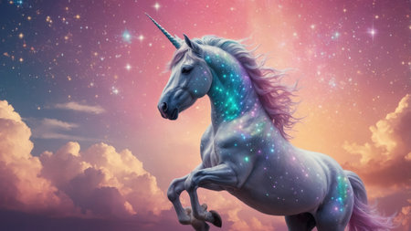 White unicorn with pink mane prancing in a magical pastel rainbow galaxy sky with fluffy cloudsの素材