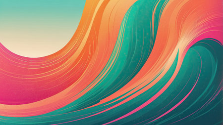 A beautifully flowing wave pattern showcases vibrant colors of orange, pink, and teal, evoking a sense of tranquility and energy. The artwork captures the essence of a serene morning atmosphere.の素材