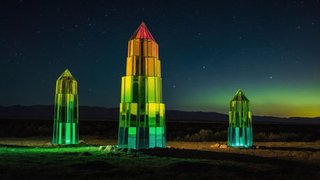 Three illuminated prism sculptures standing in the desert at night, creating a captivating sceneの素材