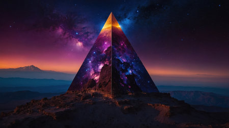 Triangular portal revealing nebula and mountain peak with colorful starry sky at sunsetの素材