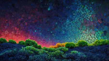 Colorful mosaic forming a starry night sky over a surreal landscape with trees and vegetation, creating a vibrant and dreamy atmosphereの素材