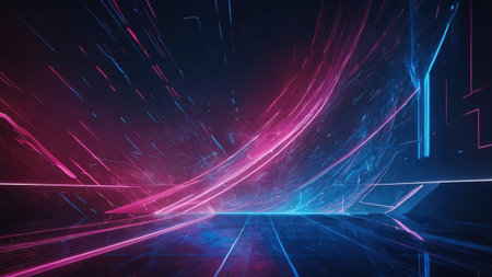 Pink and blue neon lights illuminating a dark futuristic game background with reflectionsの素材