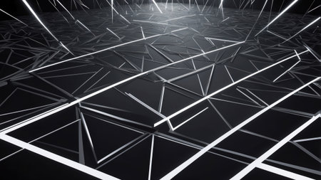 Bright lines create intricate geometric patterns on a dark surface, enhancing the atmosphere in a modern art installation, showcasing creativity and design.の素材