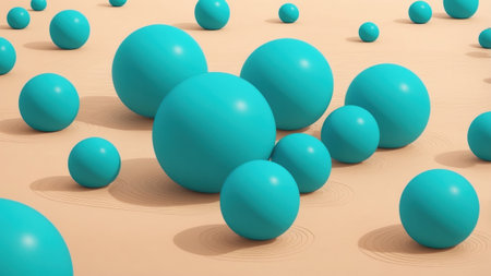 Turquoise spheres of various sizes are arranged on a light sandy surface, creating a playful and vibrant abstract design. The composition emphasizes simplicity and color harmony.の素材