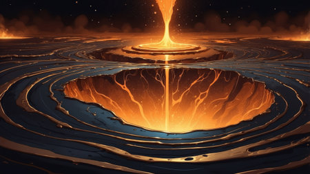 A vibrant lava eruption forms a central fountain surrounded by circular patterns in the volcanic ground. Glowing magma illuminates the dark landscape, creating a dramatic atmosphere.の素材