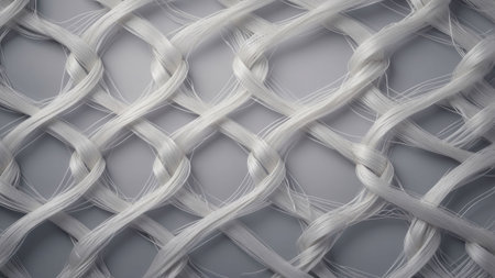 This close-up view showcases intricate woven fibers forming a delicate and organized pattern against a soft background, emphasizing texture and design.の素材