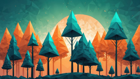 Colorful, stylized trees with angular shapes populate a tranquil forest during sunset. The sky glows in warm hues while the silhouettes create a striking visual contrast.の素材