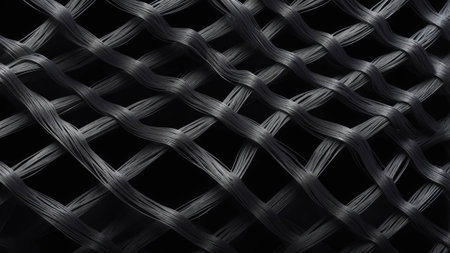 The close-up view reveals an intricate black woven mesh pattern, highlighting the textures and details of the material created in soft evening light, accentuating its design.の素材