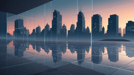 A stunning city skyline is seen at sunset, with glassy skyscrapers reflecting vibrant hues in the foreground. The urban environment exudes a sense of modernity and tranquility.の素材