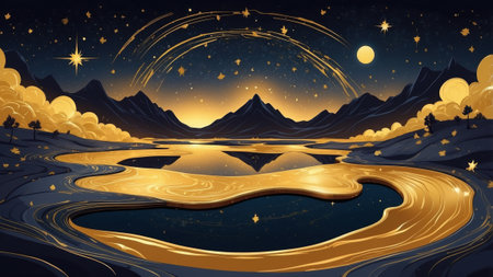 A vibrant twilight landscape features a winding golden river flowing through dark mountains. The night sky is dotted with stars and a crescent moon illuminates the scene with a magical glow.の素材