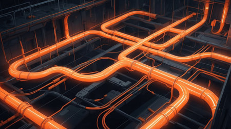 Bright orange pipes weave together in a complex pattern within a dark industrial environment. The pipes create a striking visual contrast against the background, showcasing engineering design.の素材