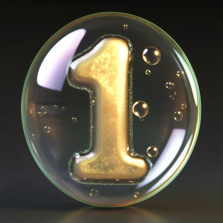 Golden number one with metallic finish inside a transparent bubble floating on a dark background, perfect for unique compositionsの素材