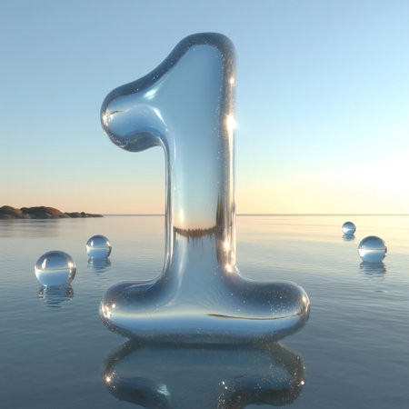 3d rendering of a big number one floating on calm water surface at sunset with small spheres around itの素材