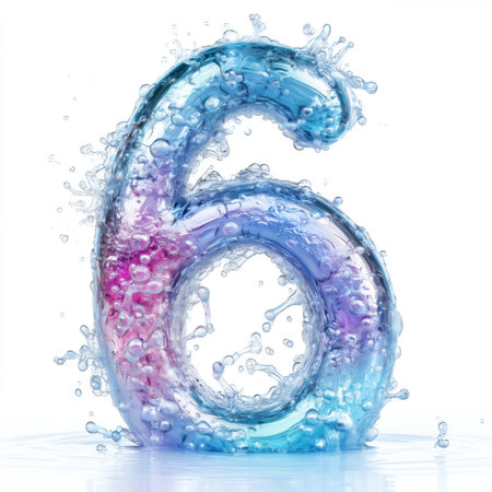 Number six made of transparent crystal water splashing on white backgroundの素材