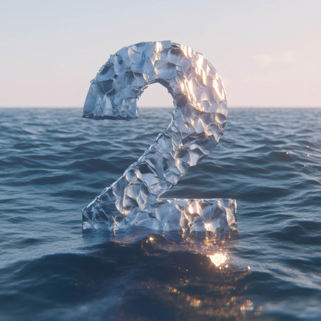 Number two made of ice is floating on the ocean surface under a clear skyの素材