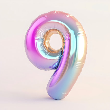 Iridescent number nine balloon made of shiny chrome material, suitable for birthday or anniversary celebrationsの素材